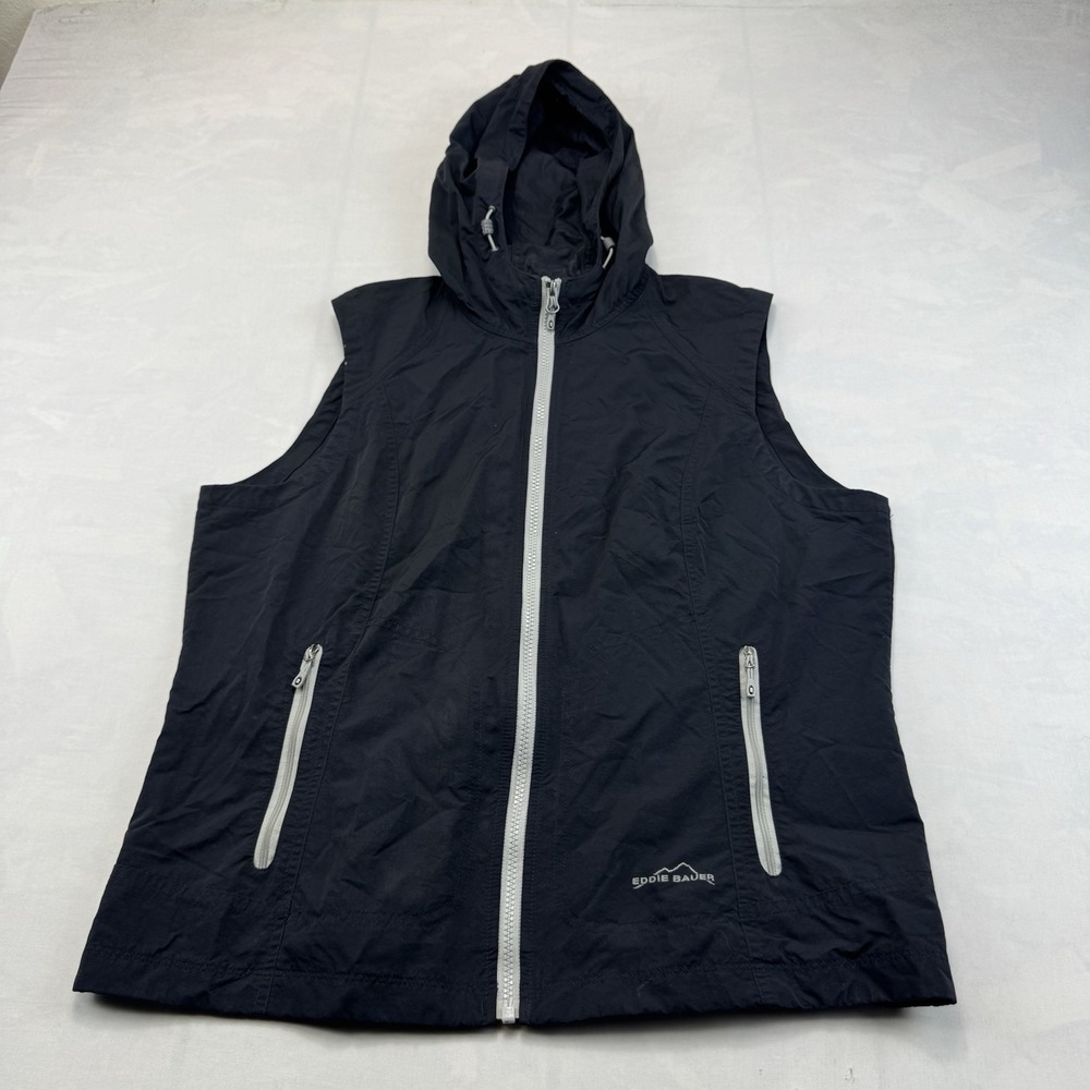 Eddie Bauer Black Hooded Full Zip Lightweight Outdoor Vest Womens XL